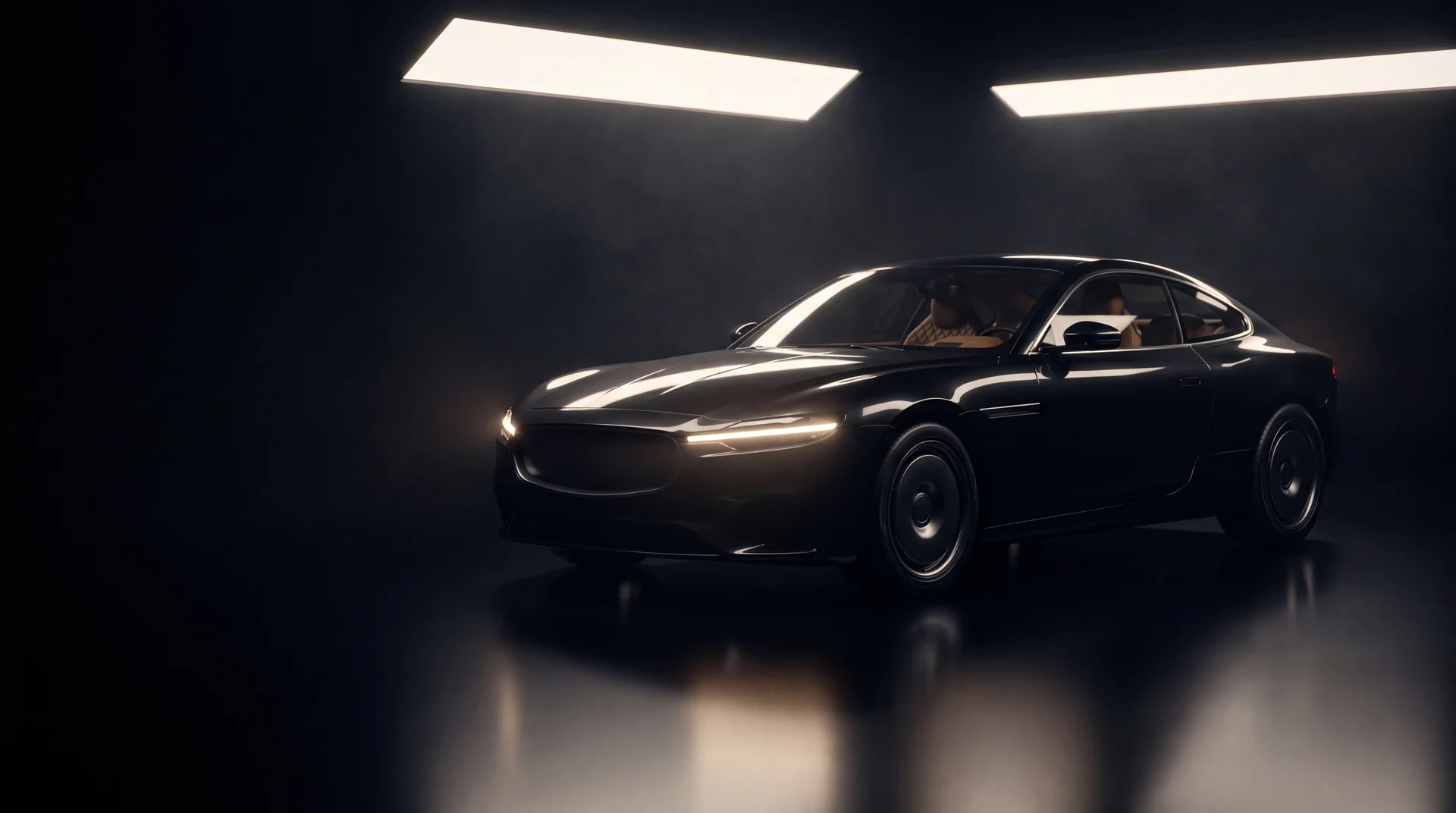 A black luxury grand tourer lit by a single strip of studio light in an infinite dark studio.