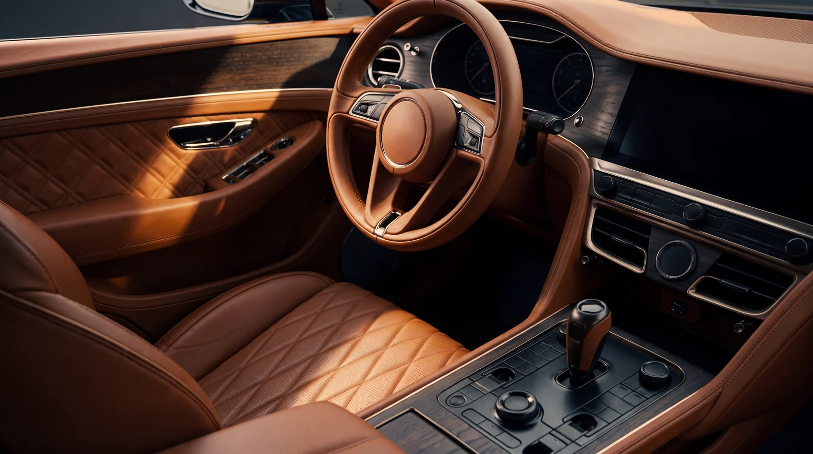 Quilted tan leather seats lit by a single shaft of soft light.