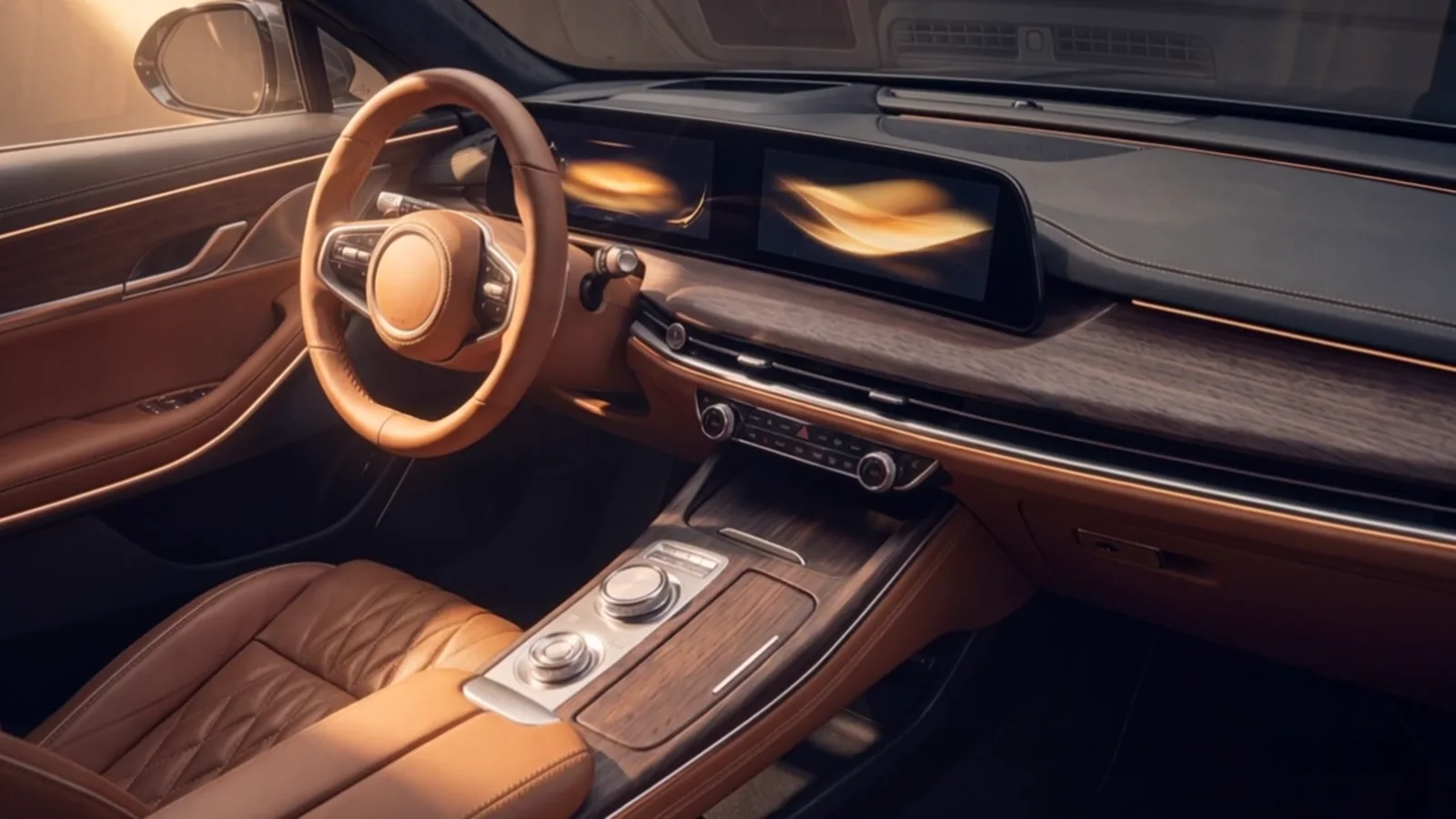 A luxury car cabin in tan quilted leather and walnut, lit by a single warm shaft of light.