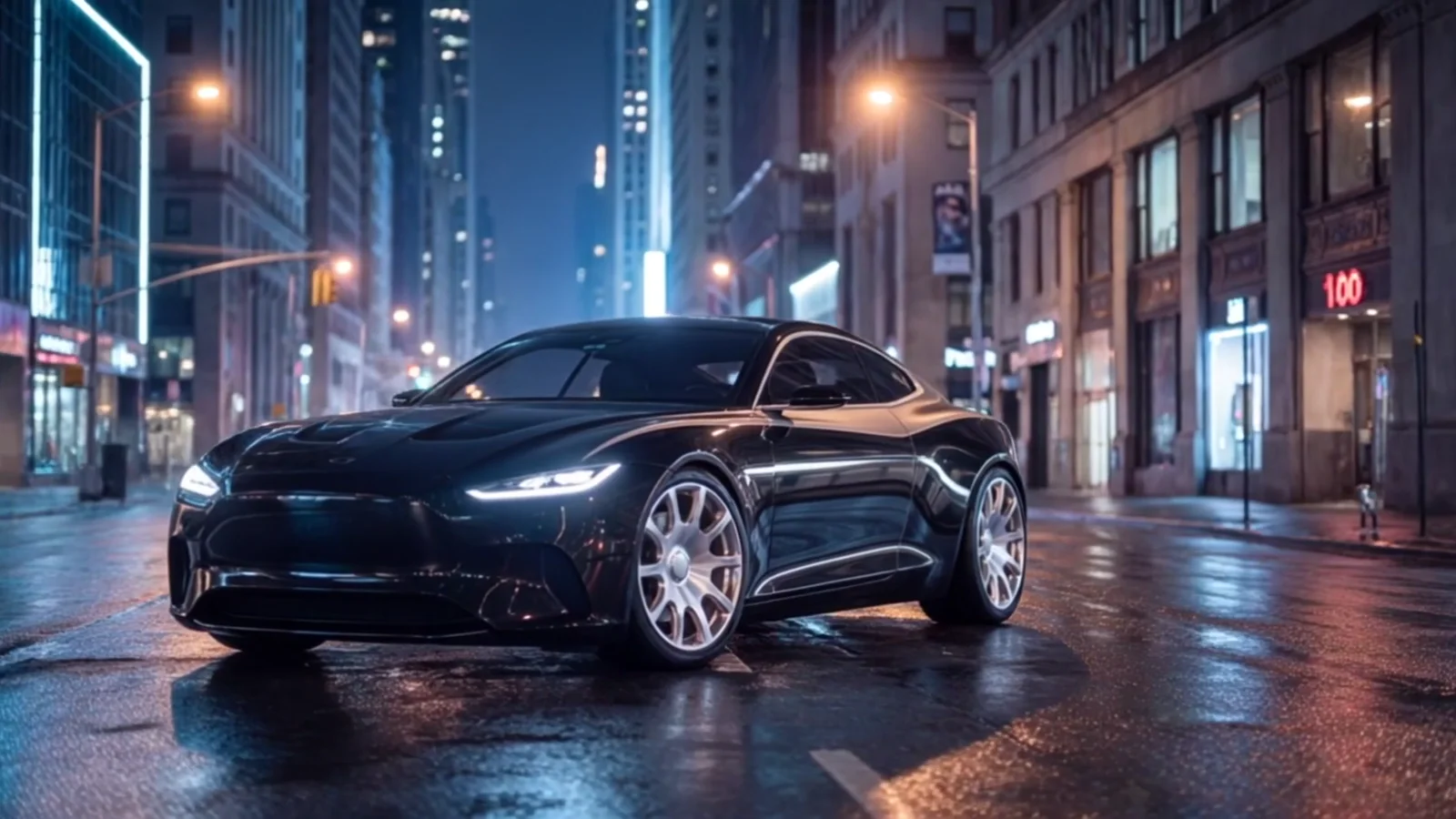 A black executive sedan on a wet city street at night, neon reflections running along its flank.