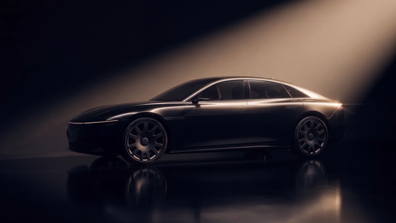 A black grand tourer coupé revealed by a single champagne-gold beam of light in a pure black studio.