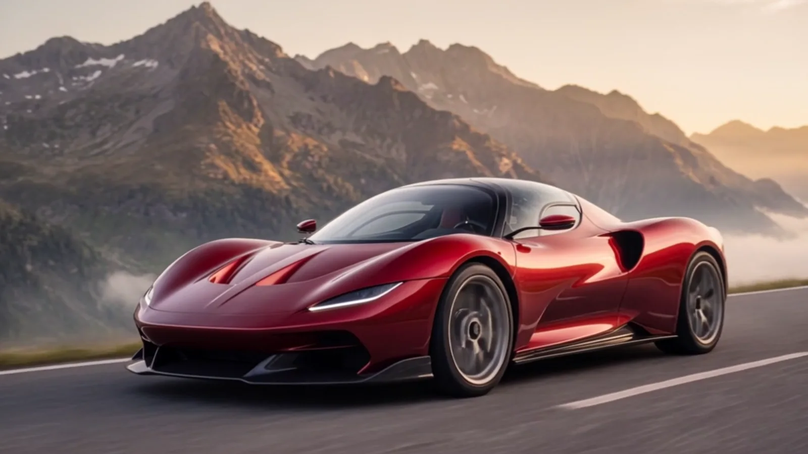 A deep red mid-engine supercar on a mountain road at dawn, golden light raking across its curves.