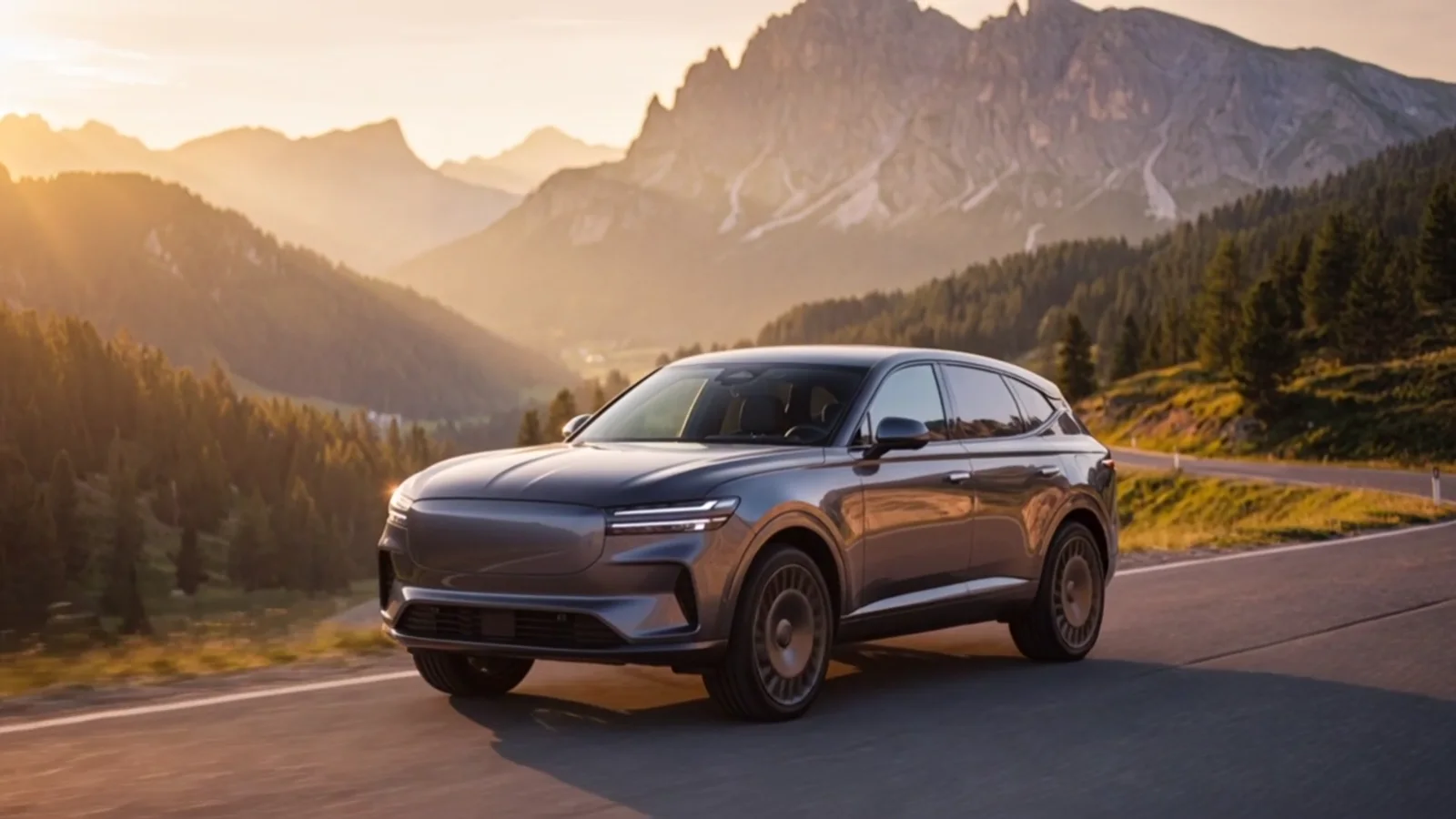 A graphite luxury SUV on a scenic mountain road at golden sunset.