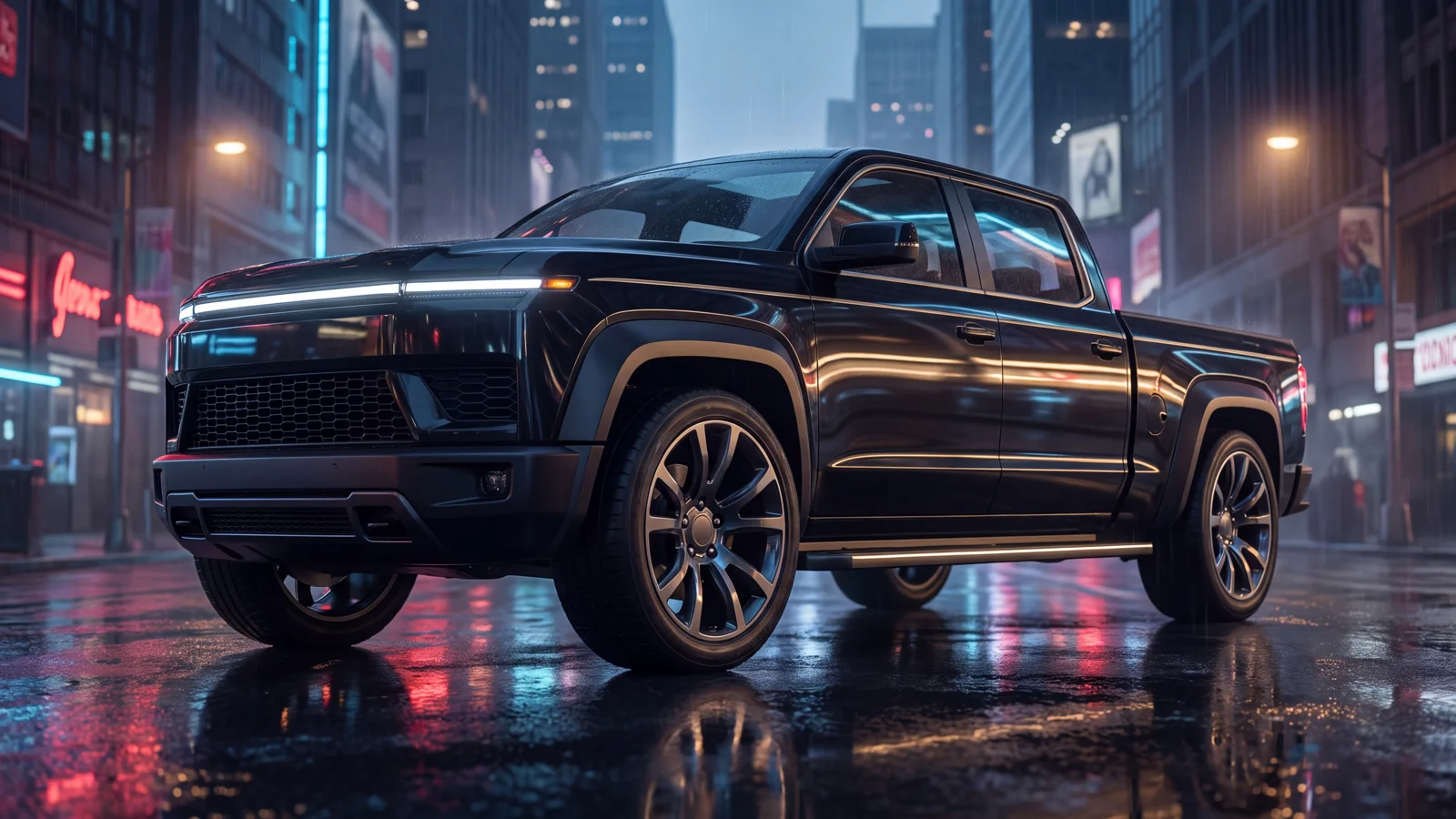 A blacked-out luxury pickup truck on a wet city street at night, neon reflections running along its flank.