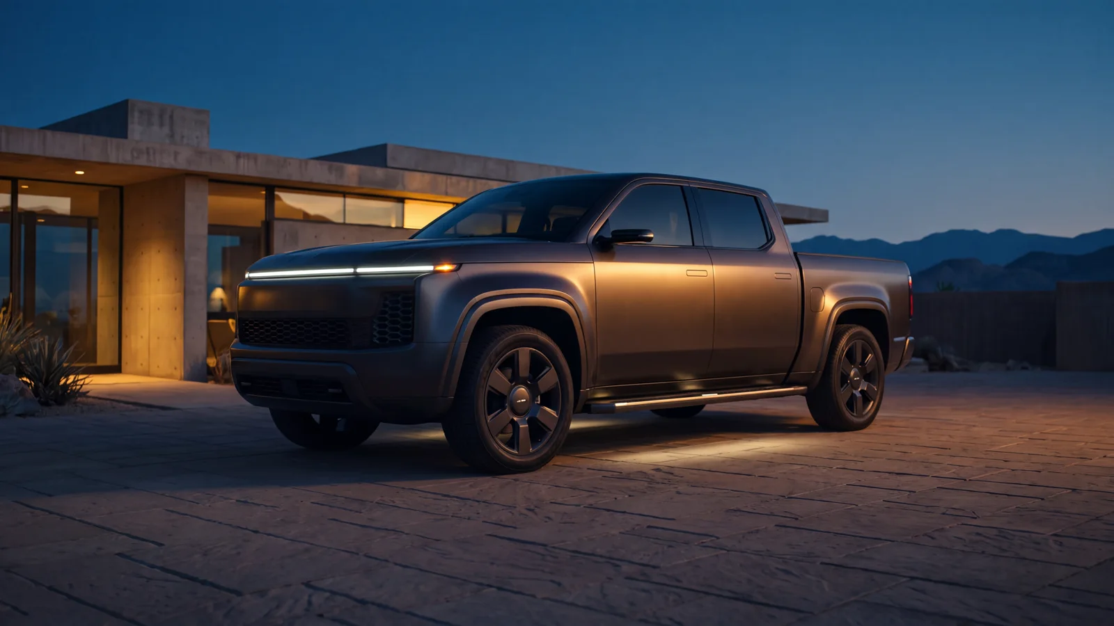 An ultra-luxury pickup truck on the stone driveway of a modern desert estate at blue hour.