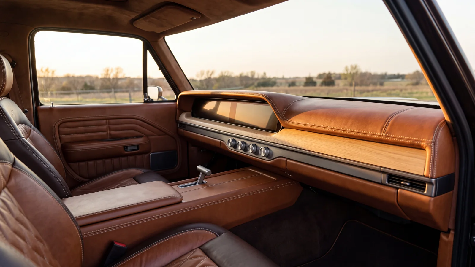 The cabin of a premium pickup truck in hand-stitched cognac leather and open-pore oak, raked by late golden-hour light.
