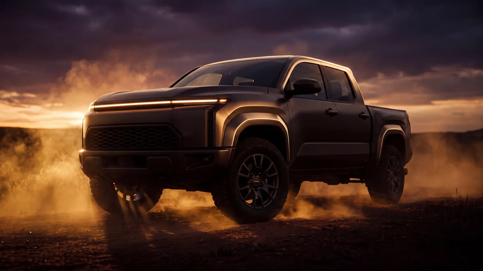 A premium crew-cab pickup truck backlit at golden hour on open ranch country, dust glowing in the light.