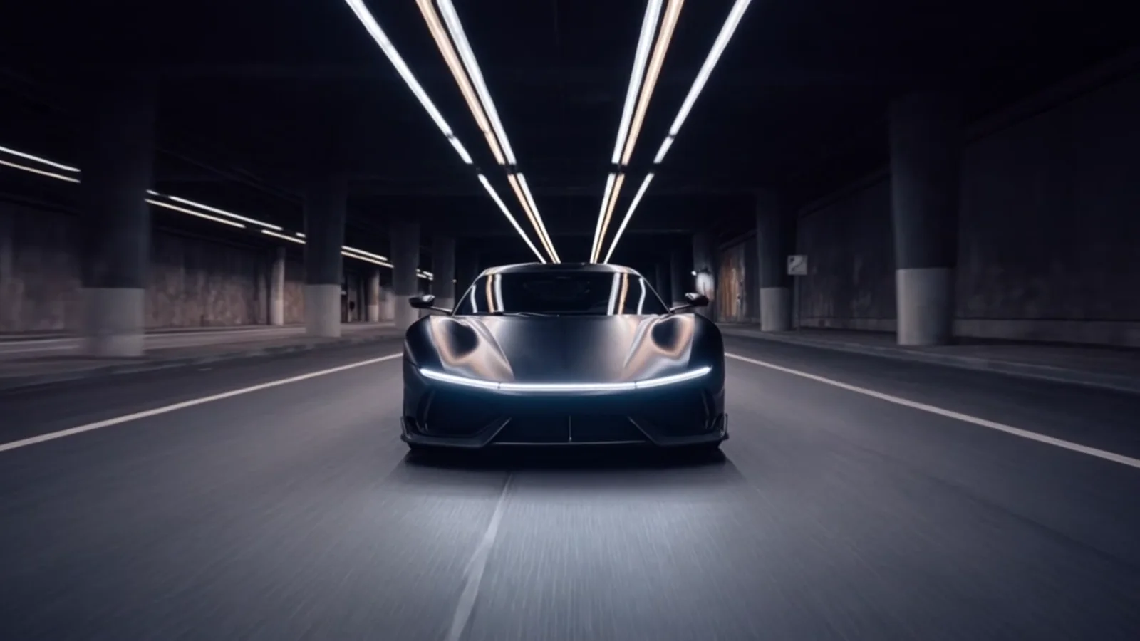 A matte black concept hypercar head-on in a light tunnel, a full-width LED blade glowing.